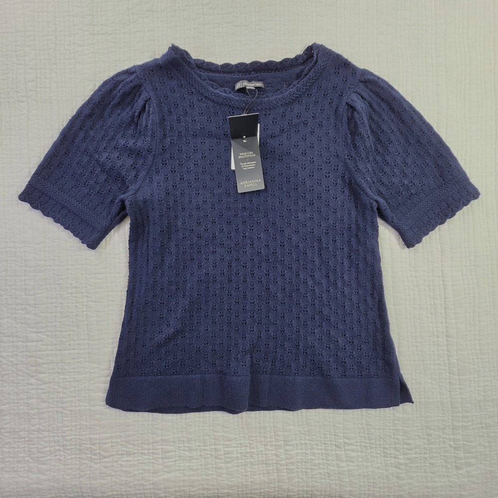 Adrianna Papell Blue Viscose Blend Cottagecore Crewneck Pullover Top Medium NWT